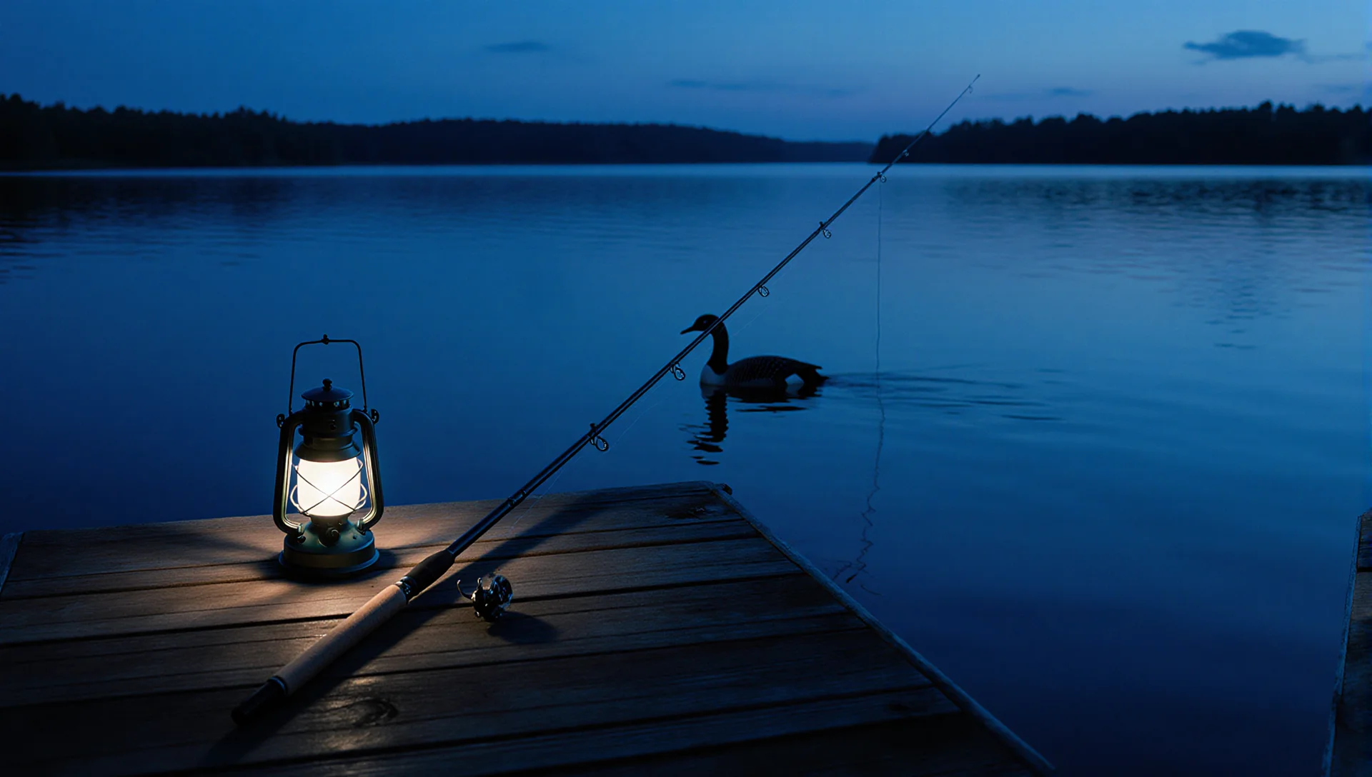 Dock at blue hour with lantern and fishing rod