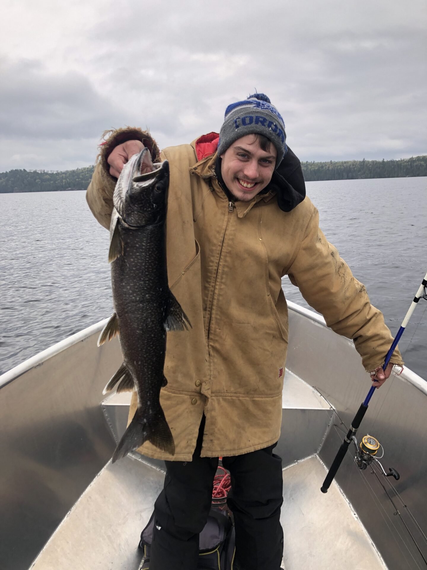 Devin with his first fish of the 2023 Dog Lake trip — caught trolling within 5 minutes