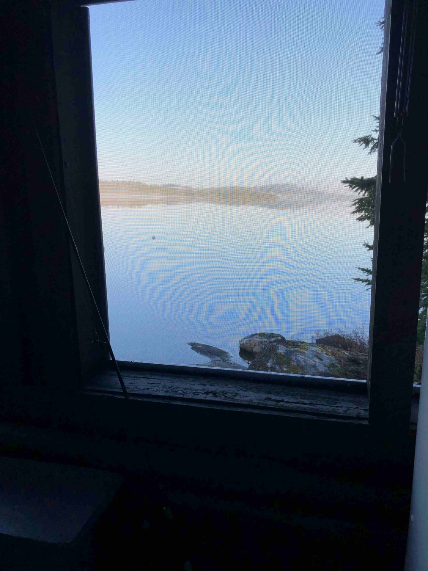 Misty dawn view of Dog Lake from the cabin window at Northern Walleye Lodge