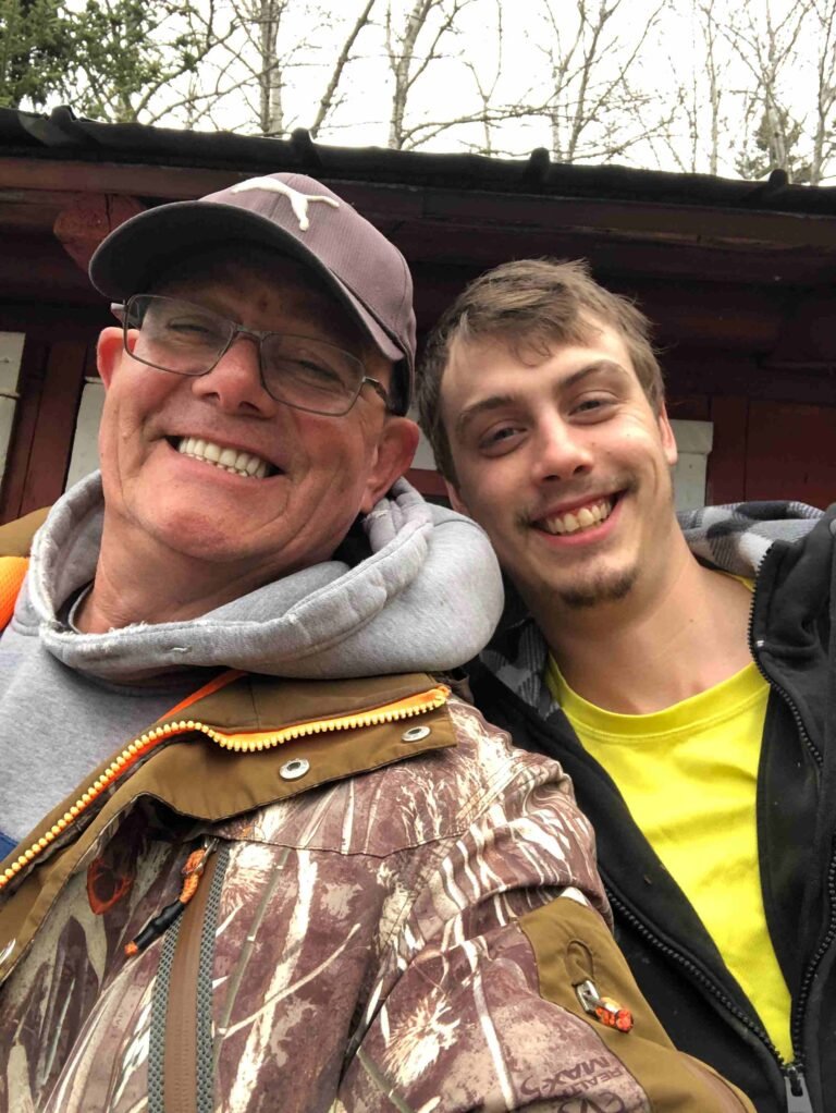 Don and Devin at the cabin on arrival day at Northern Walleye Lodge, Dog Lake, May 2023