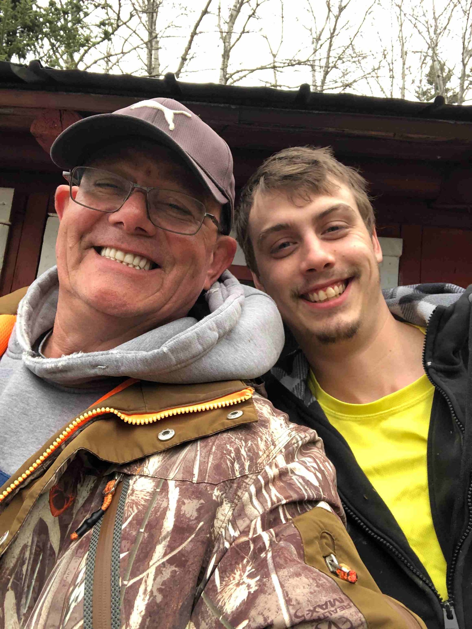 Don and Devin at the cabin on arrival day at Northern Walleye Lodge, Dog Lake, May 2023