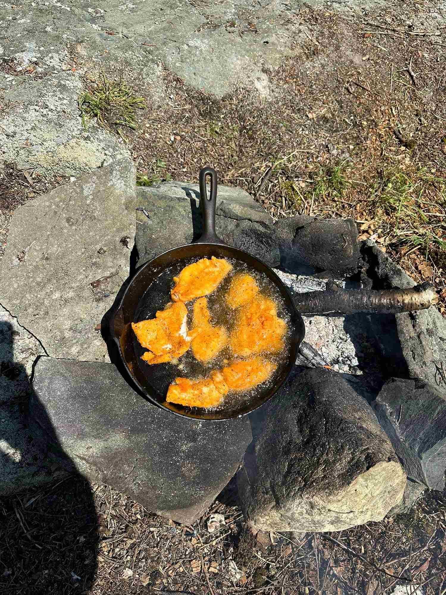 Fresh walleye frying in a cast-iron pan on rocks at the shore of Dog Lake
