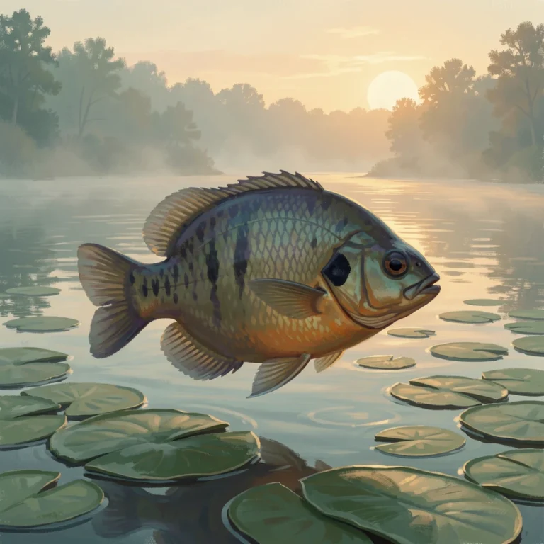 Bluegill sunfish near lily pads on a calm Ontario lake at dawn