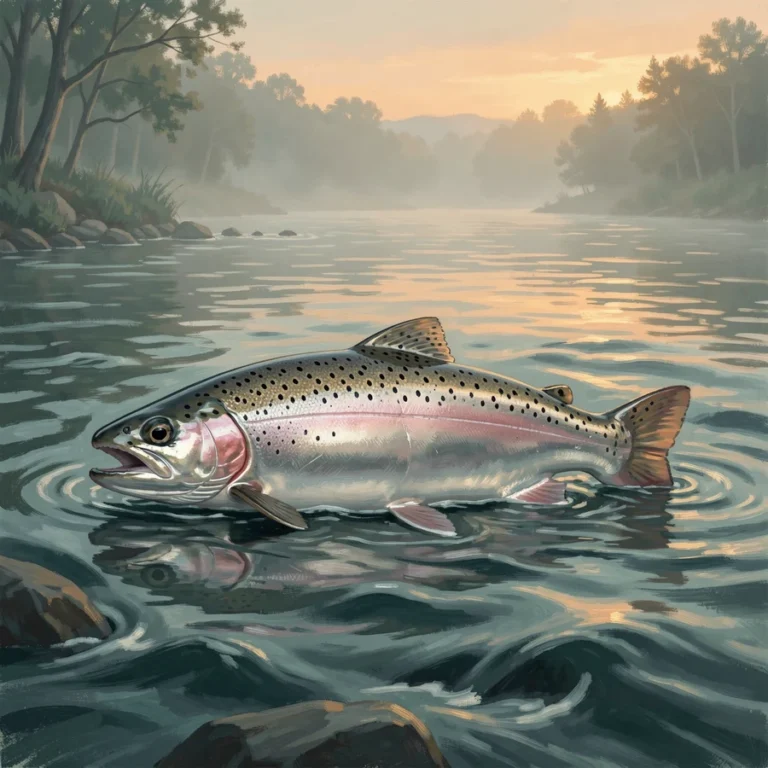 Chrome-bright steelhead in a flowing Ontario river at dawn