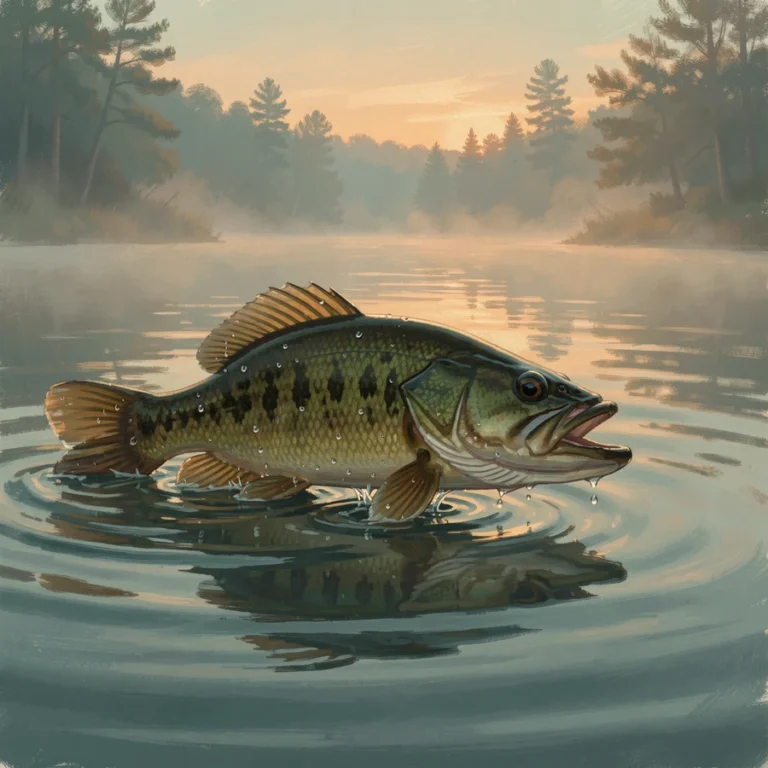 Largemouth bass breaking the surface of an Ontario lake at dawn