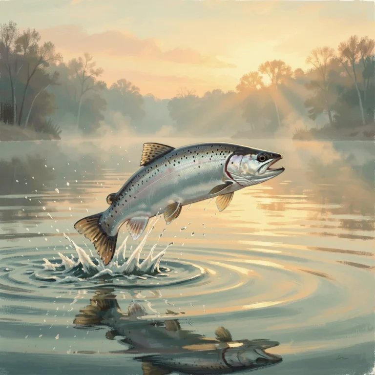 Chinook salmon leaping from an Ontario lake at sunrise