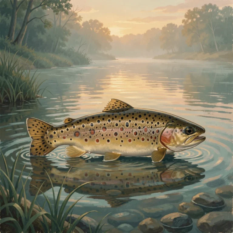 Brown trout with black and rust-red spots in a slow clear Ontario river at dawn