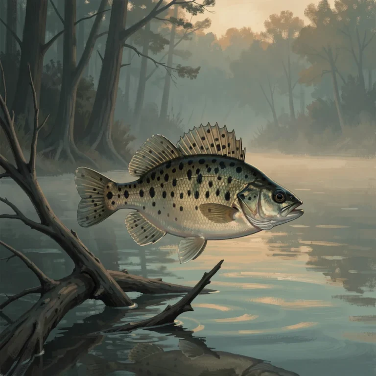 Black crappie with dark speckles beside sunken timber in calm Ontario water at dawn