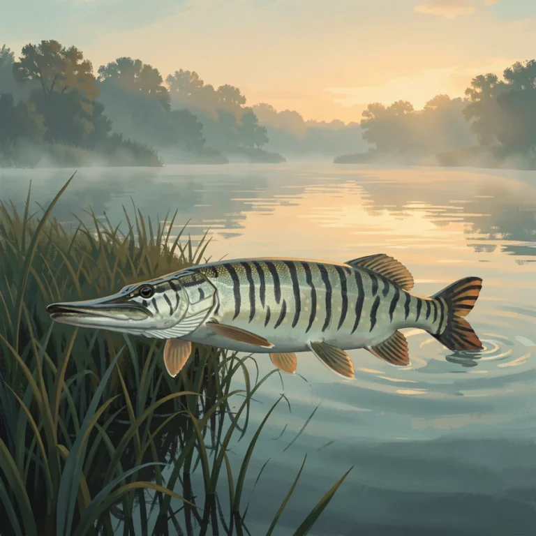 Muskellunge with dark tiger-stripe bars on a pale body, over a weed edge at dawn