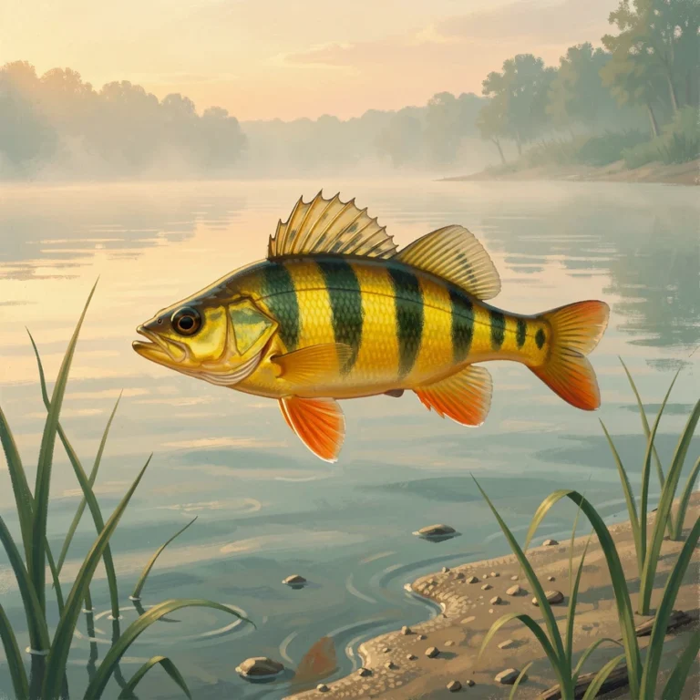 Yellow perch with bold dark vertical bars and orange fins over a sandy weed edge