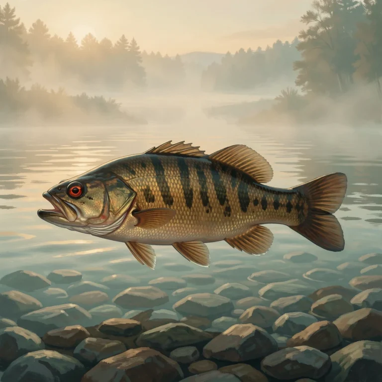 Smallmouth bass with bronze flanks and a red eye over a rocky Ontario lake bottom at dawn