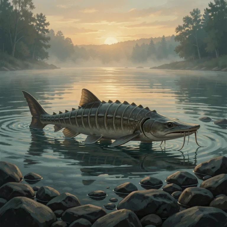 Lake sturgeon with bony scutes and barbels cruising a deep rocky Ontario river bottom