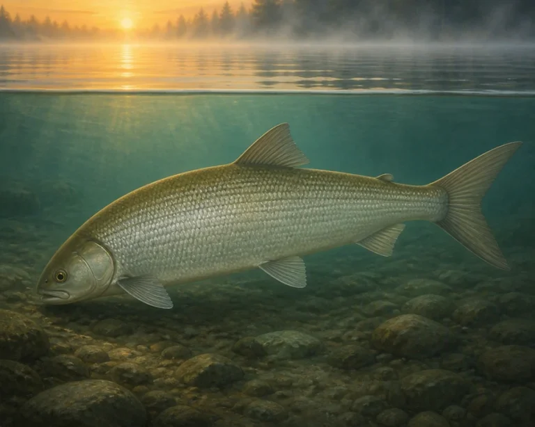 Lake whitefish, silver with an olive back, in deep cold Ontario water at dawn