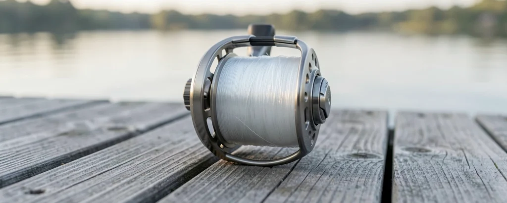 Reel spool filled with fresh clear line on a dock at dawn