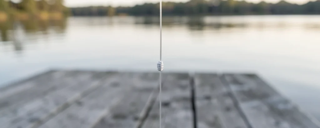 Clear fly leader with a Blood knot joining two sections, hanging over a lake dock