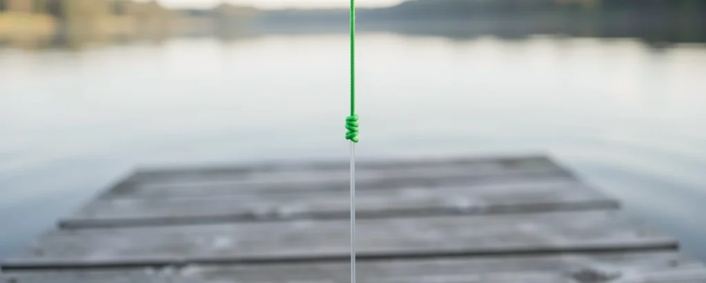 Green braid joined to a clear leader with a Double Uni knot, hanging over a lake dock
