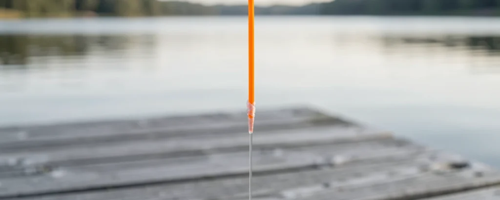 Orange fly line joined to a clear leader with a Nail knot, over a lake dock at dawn