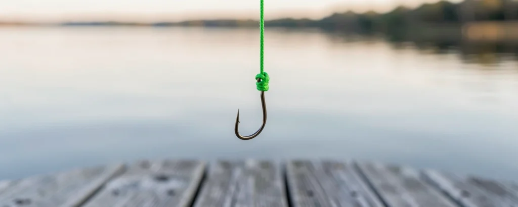Fishing hook tied to green braided line with a Palomar knot, hanging over a dock at dawn