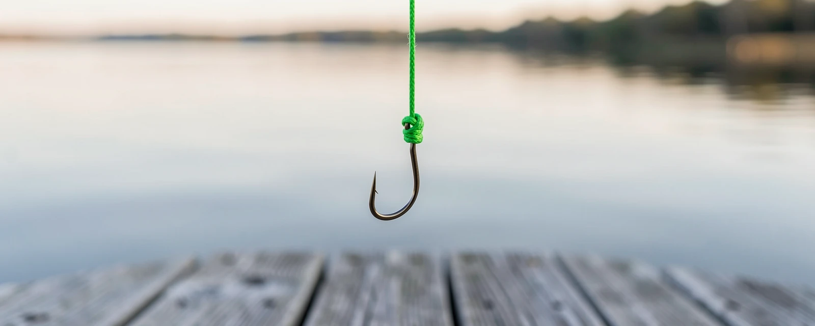 Fishing hook tied to green braided line with a Palomar knot, hanging over a dock at dawn