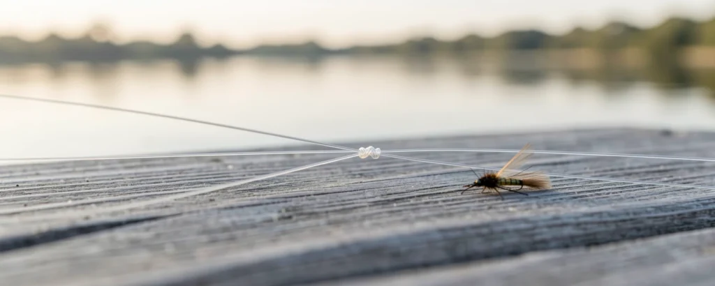Two clear fishing lines joined with a Surgeon's knot beside a dry fly on a dock
