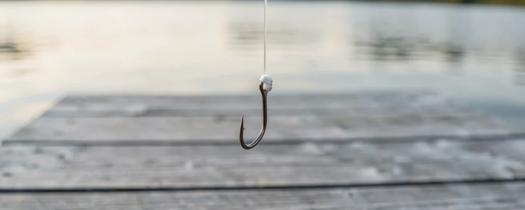 Fishing hook hanging from clear line with a small Uni knot at the eye, over a dock at dawn