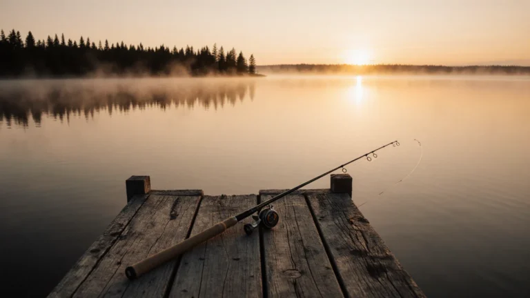 Fishing rod resting on a weathered wooden dock at sunrise on a misty Ontario lake