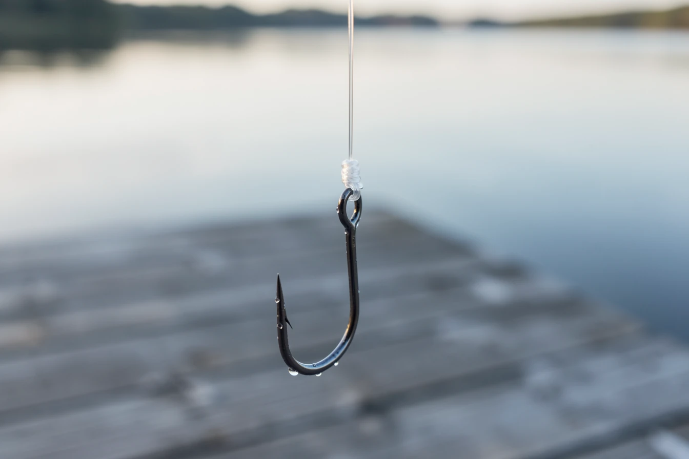 Wet the line: water droplets on clear monofilament and a small knot just above a hook eye